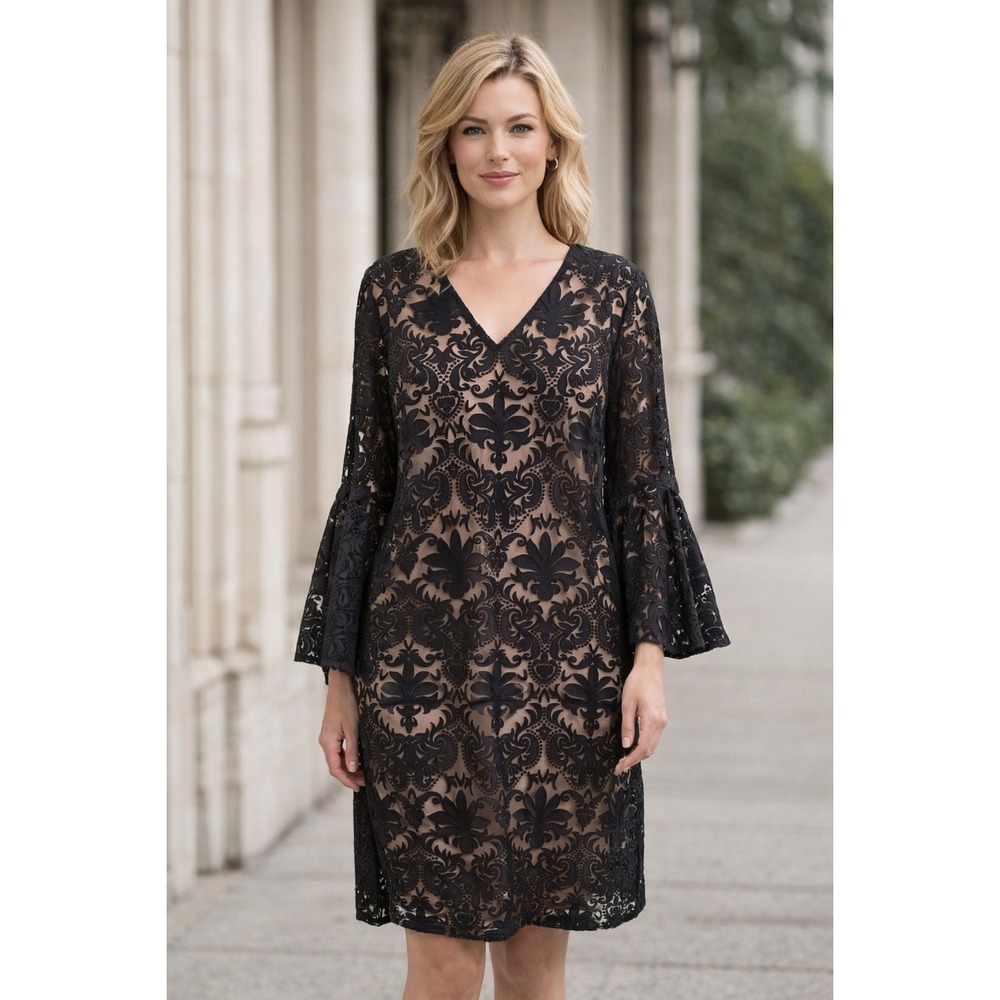 MSK Dress Women 12 Black V-Neck Lace Bell‎ Sleeves Bewitched Witchy Whimsigoth